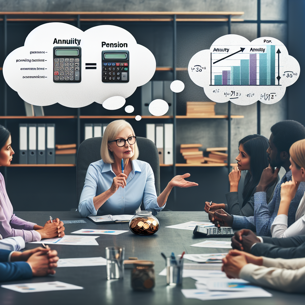 Business meeting with charts and calculators comparing annuity and pension financial planning options.