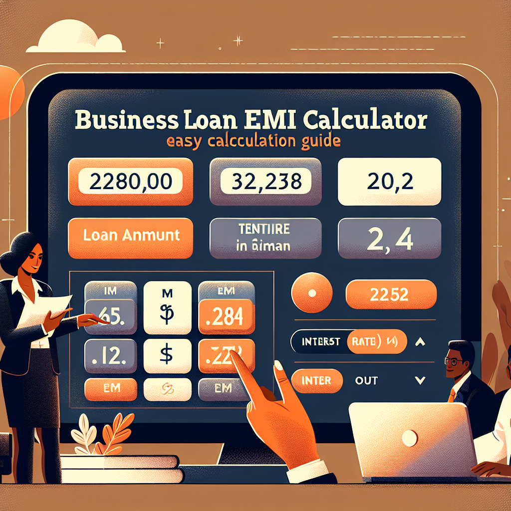Business loan EMI calculator interface displaying loan amount, interest rate, and easy EMI calculation guide.