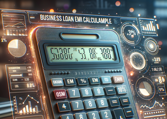 Digital calculator showing business loan EMI calculations with financial charts and data analytics in the background.