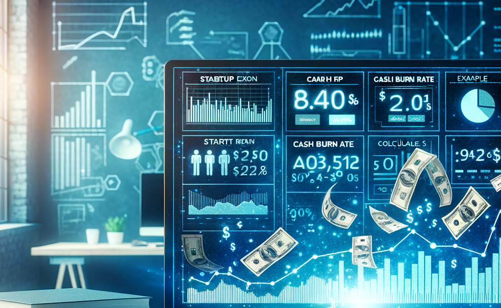 Computer screen showing cash burn rate calculator with floating dollar bills symbolizing cash flow management.
