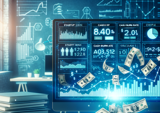 Computer screen showing cash burn rate calculator with floating dollar bills symbolizing cash flow management.