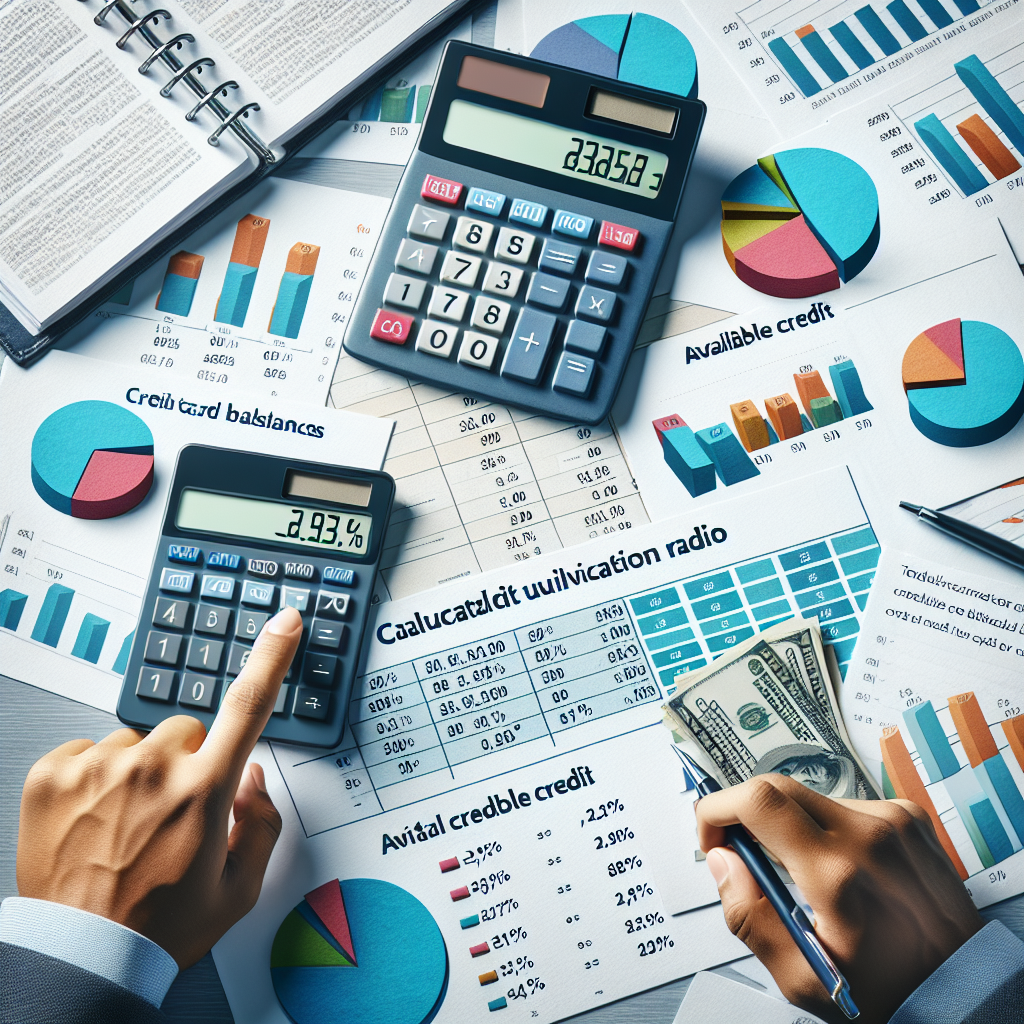 Calculator, charts, and cash depicting credit utilization ratio and financial management analysis.