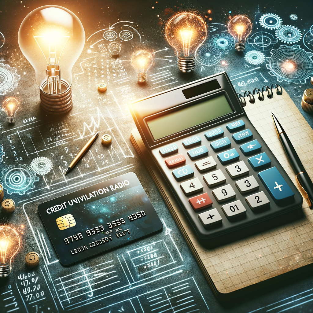 Calculator, credit card, and light bulbs on a digital background, illustrating credit utilization ratio calculation.