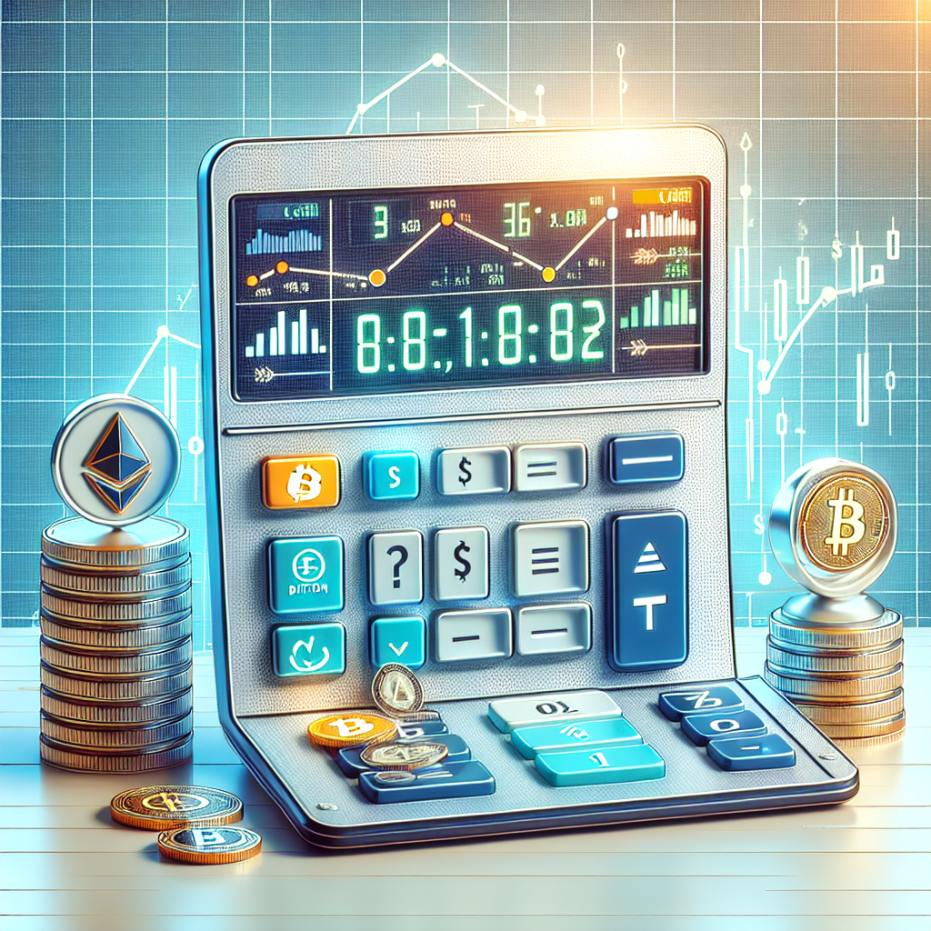 Digital calculator showing crypto data with Bitcoin and Ethereum coins on a financial graph background.