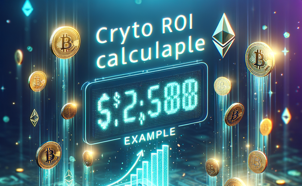 Digital crypto ROI calculator showing Bitcoin, Ethereum symbols, and a rising financial growth graph.