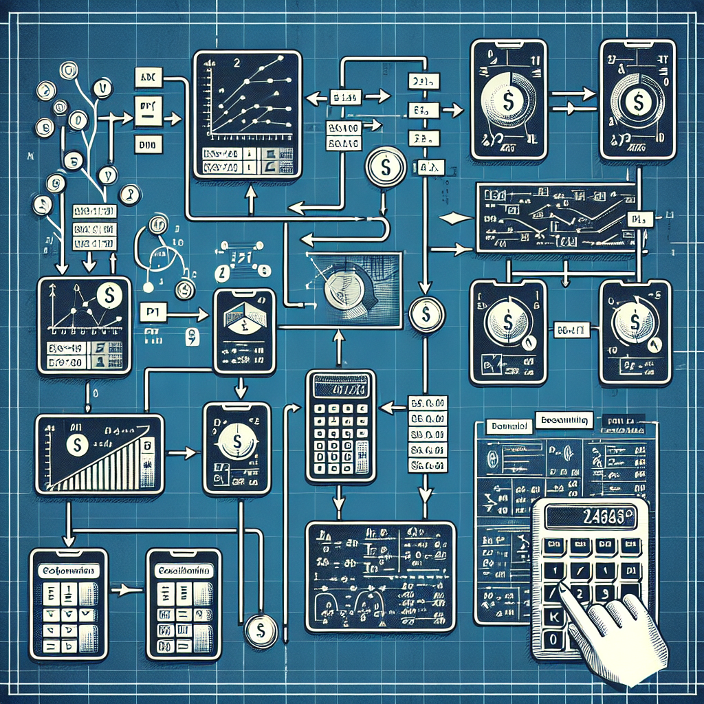 Blueprint-style infographic showing discounted cash flow calculation with calculators, charts, and currency symbols.