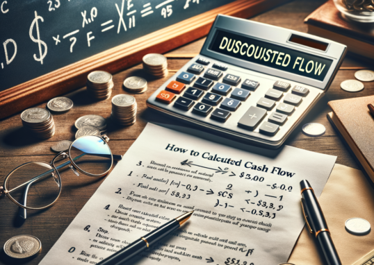 Calculator, coins, and financial documents on a wooden desk used for cash flow calculations.