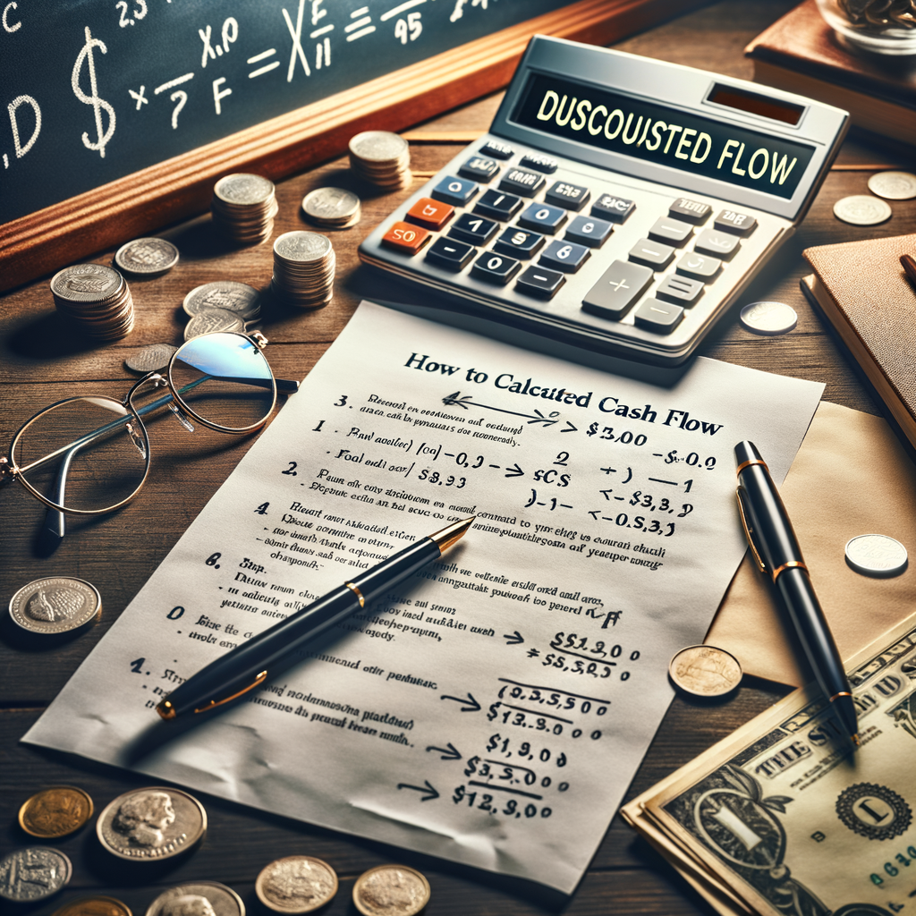 Calculator, coins, and financial documents on a wooden desk used for cash flow calculations.