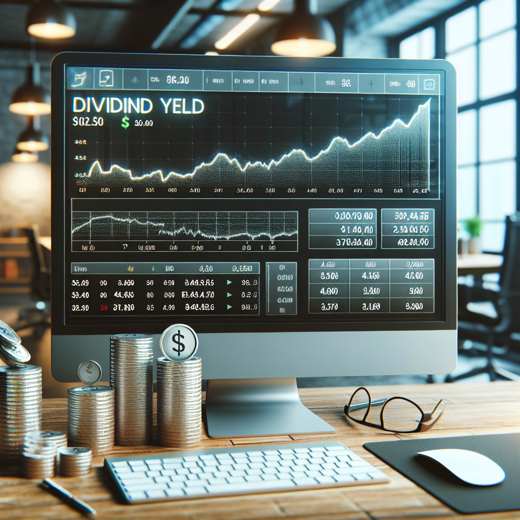 Computer screen shows dividend yield stock data beside stacked coins on an office desk with keyboard and mouse.