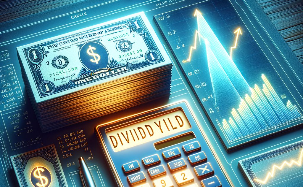 Calculator showing dividend yield calculation with stock charts and dollar bills in the background.
