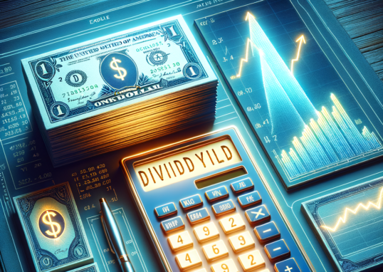 Calculator showing dividend yield calculation with stock charts and dollar bills in the background.