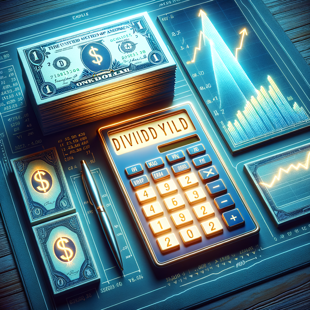 Calculator showing dividend yield calculation with stock charts and dollar bills in the background.