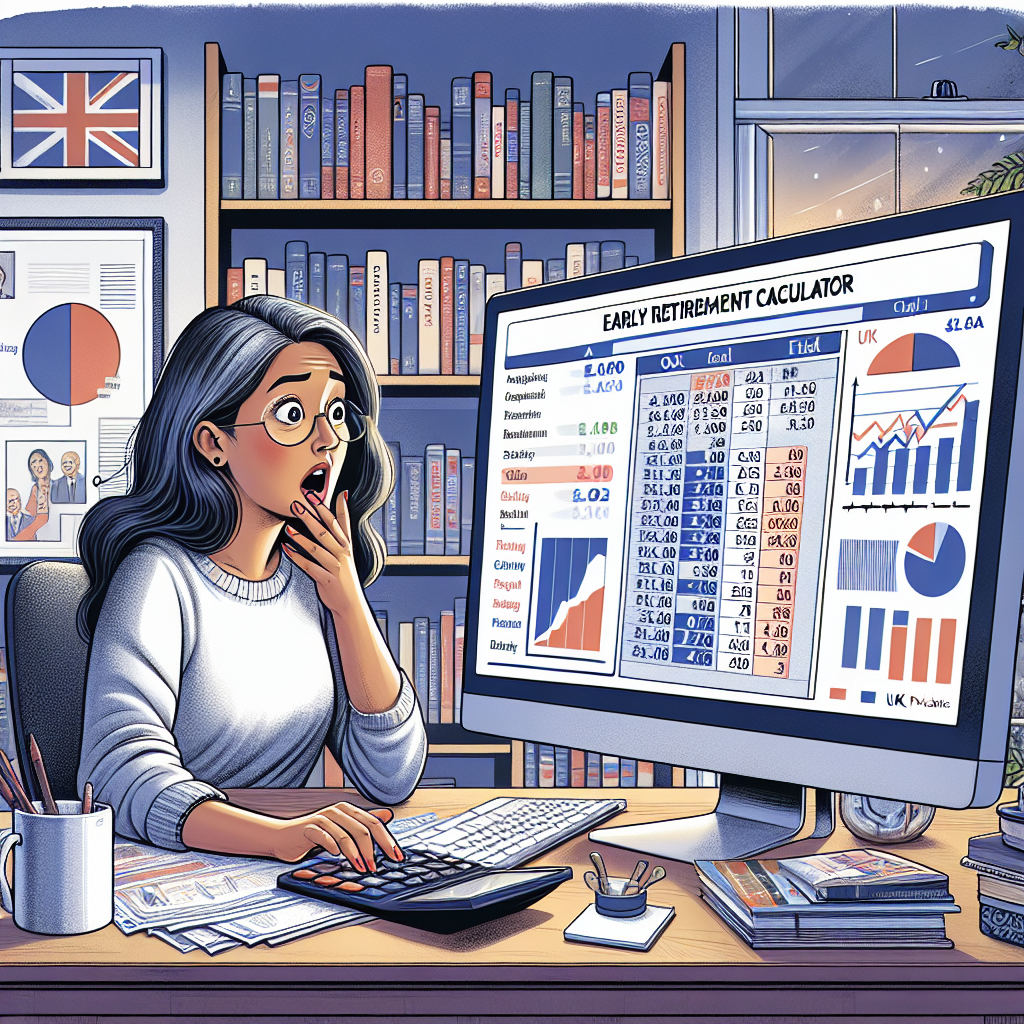 Woman shocked by early retirement calculator results on a computer in her home office.