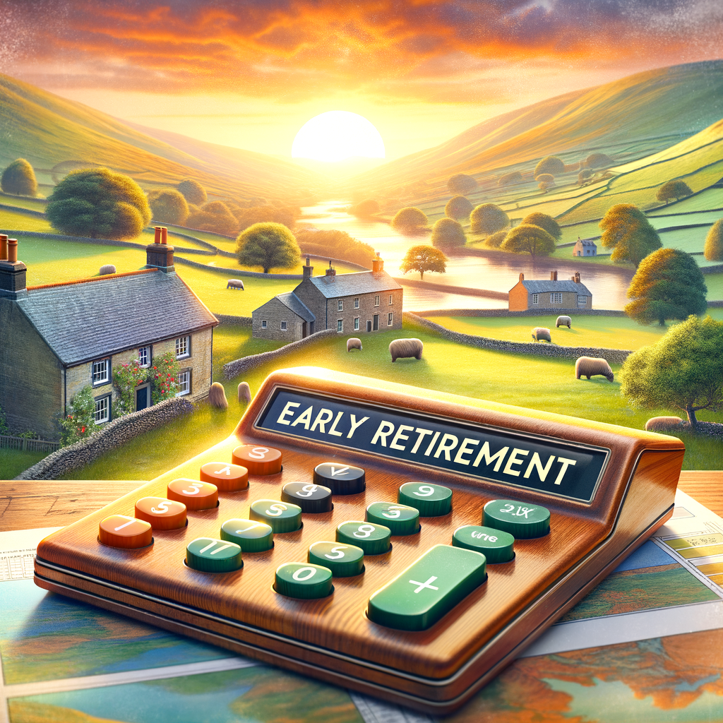 Calculator labeled "Early Retirement" with a peaceful countryside sunset in the background.