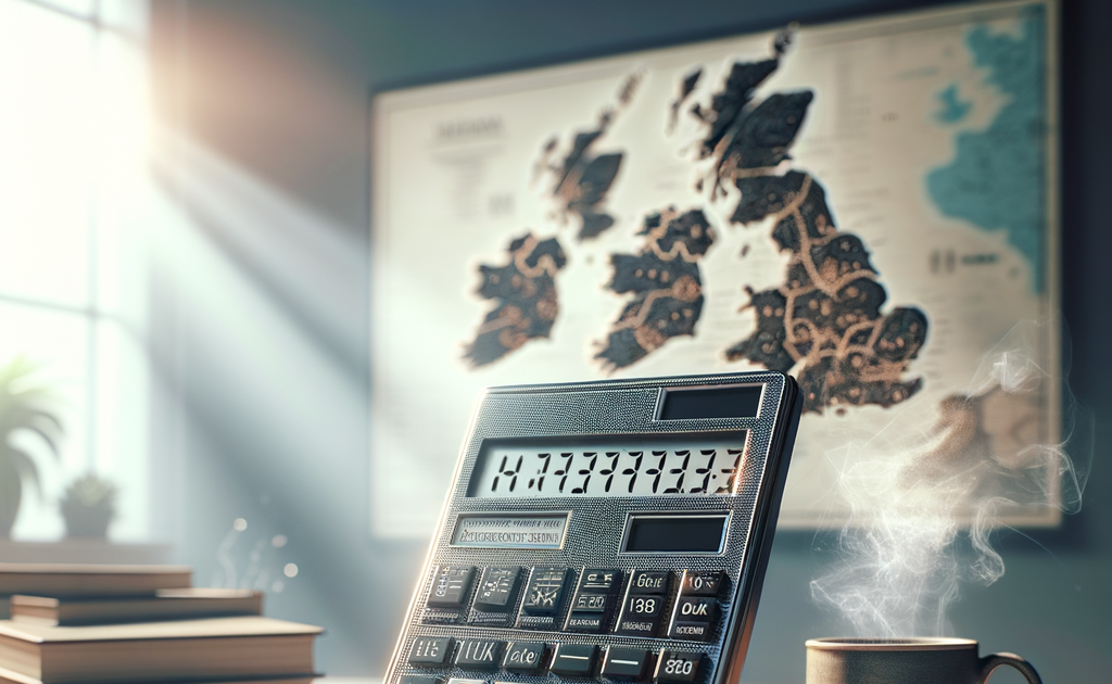 Calculator, financial documents, glasses, and steaming coffee cup on a wooden desk in a cozy office setting.