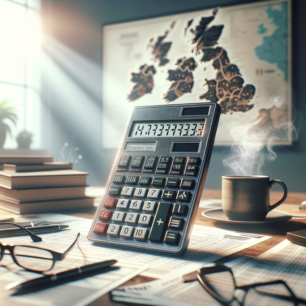 Calculator, financial documents, glasses, and steaming coffee cup on a wooden desk in a cozy office setting.