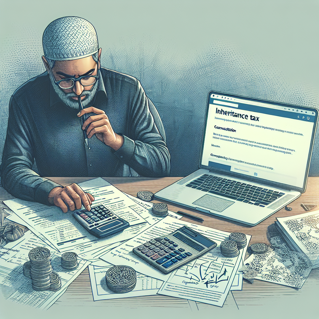 Man calculating inheritance tax with papers, calculator, and laptop on a wooden desk.