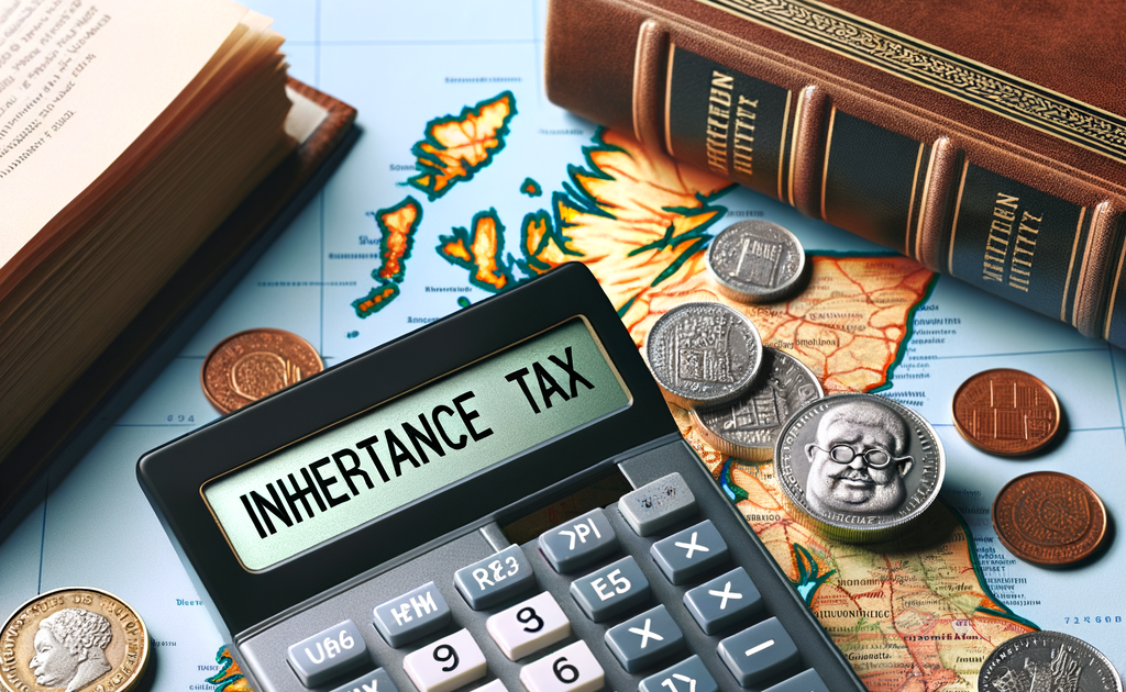 Calculator showing "Inheritance Tax" surrounded by coins, books, and a map on a wooden surface.