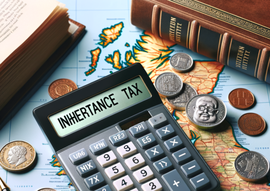 Calculator showing "Inheritance Tax" surrounded by coins, books, and a map on a wooden surface.