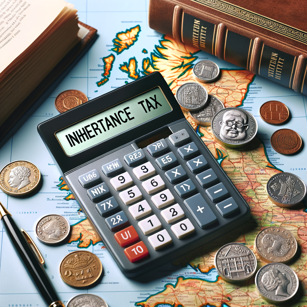 Calculator showing "Inheritance Tax" surrounded by coins, books, and a map on a wooden surface.
