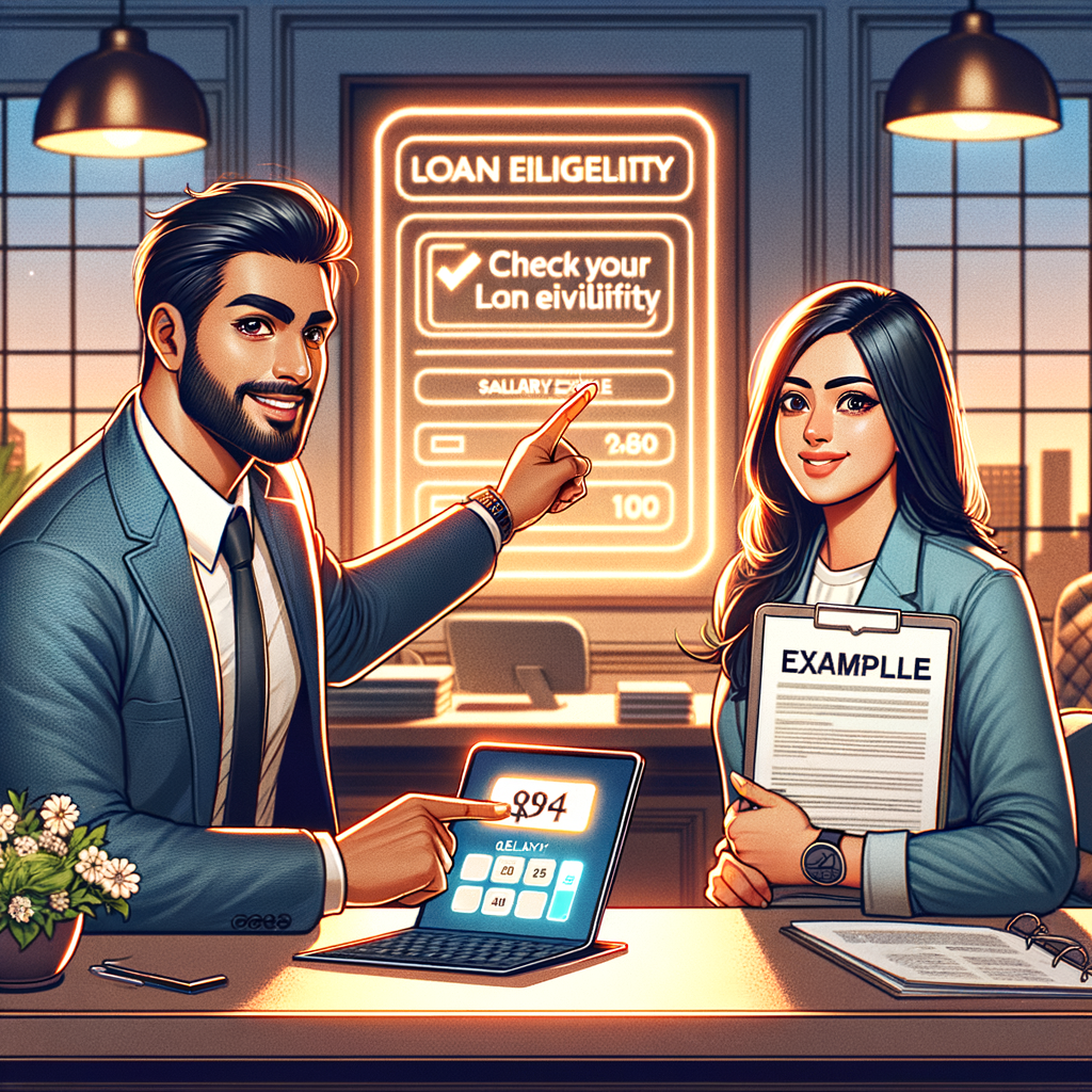 Business professionals reviewing loan eligibility calculations on a laptop in a modern office setting.