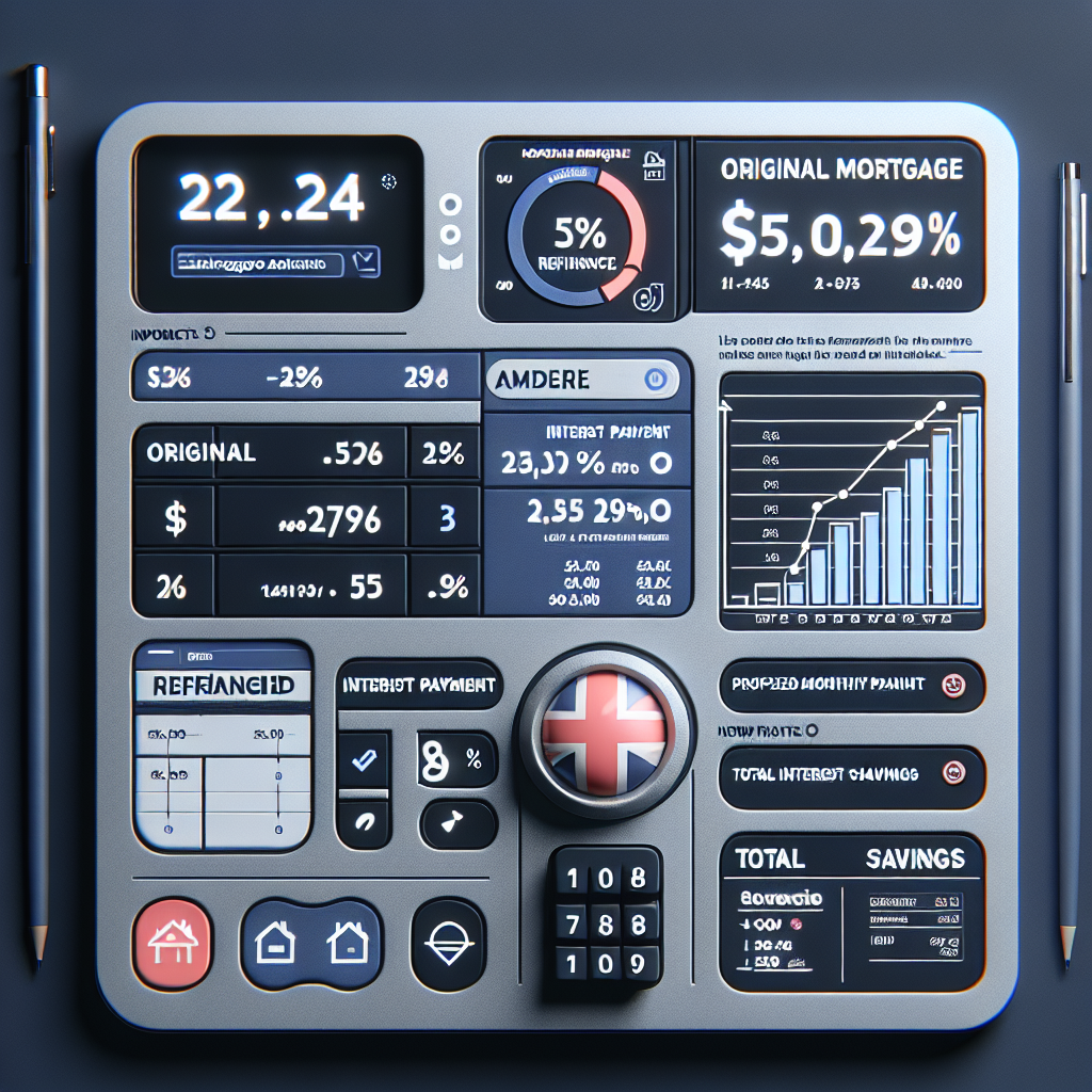 Digital mortgage calculator showing interest rates, monthly payments, and financial graphs for UK mortgage refinancing in 202