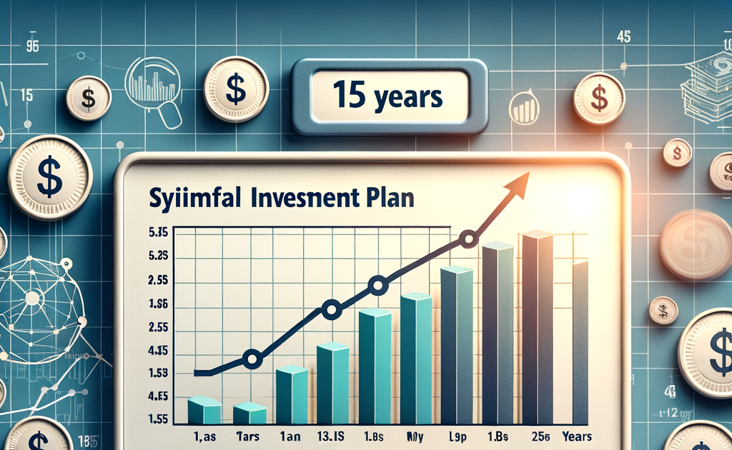 Graph showing 15-year mutual fund SIP growth with rising bars and a steady upward trend line.