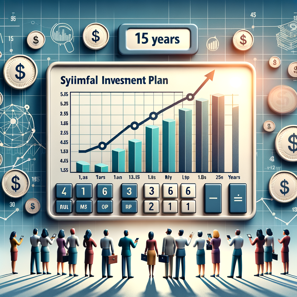 Graph showing 15-year mutual fund SIP growth with rising bars and a steady upward trend line.