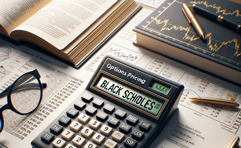 Calculator showing "Black Scholes" surrounded by charts, books, and pens for options pricing analysis.