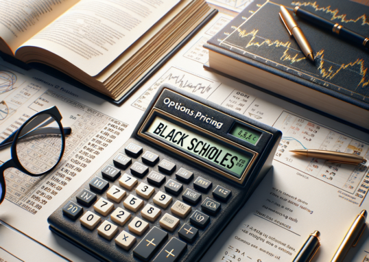 Calculator showing "Black Scholes" surrounded by charts, books, and pens for options pricing analysis.