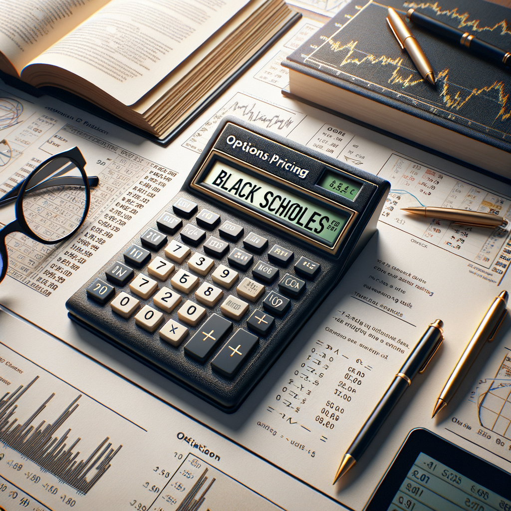 Calculator showing "Black Scholes" surrounded by charts, books, and pens for options pricing analysis.
