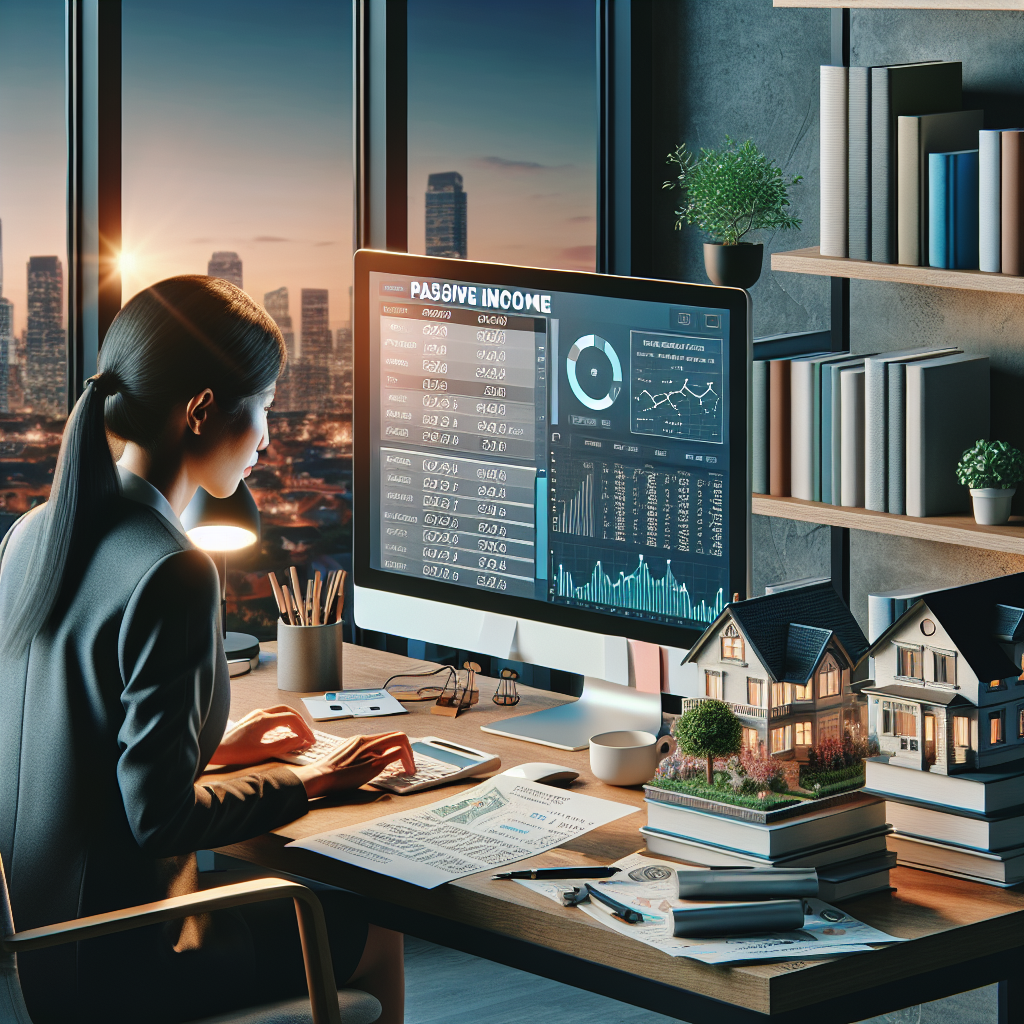 Woman reviewing rental property passive income calculator on laptop in modern office at sunset.