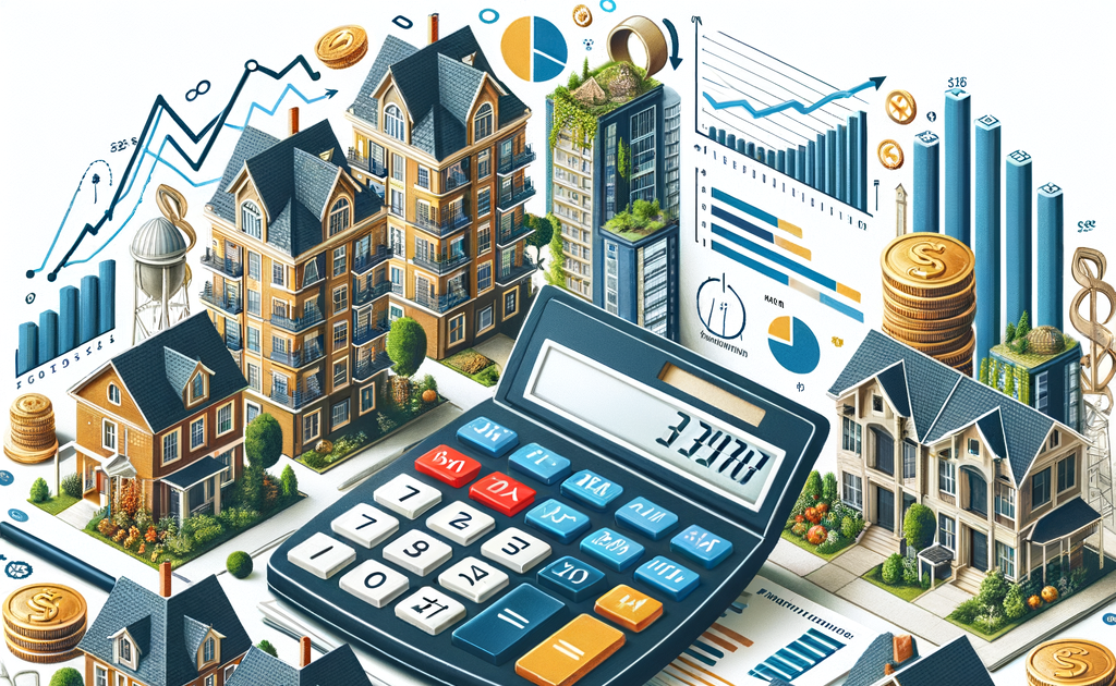 Isometric illustration of real estate investment analysis with houses, a calculator, and financial charts.