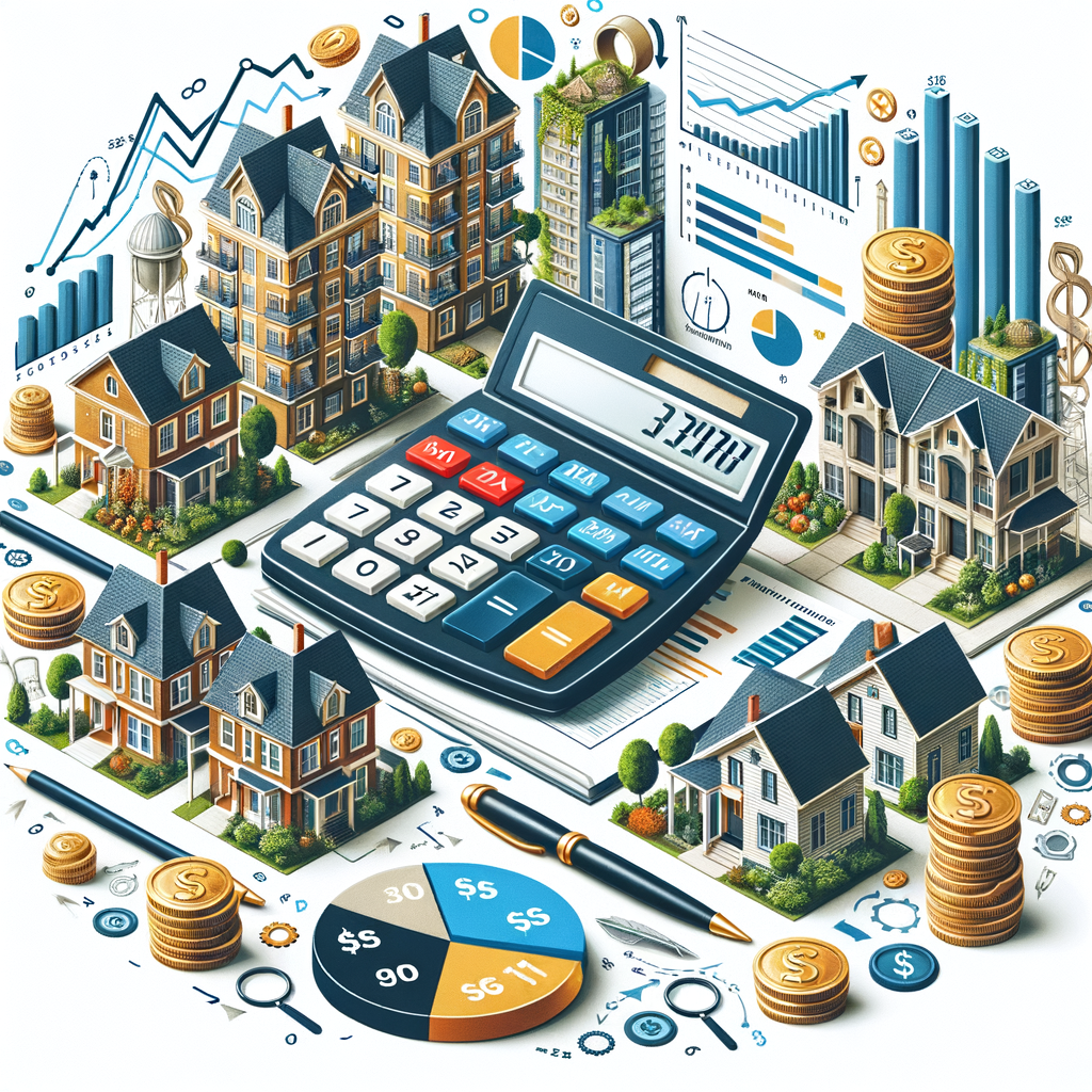 Isometric illustration of real estate investment analysis with houses, a calculator, and financial charts.