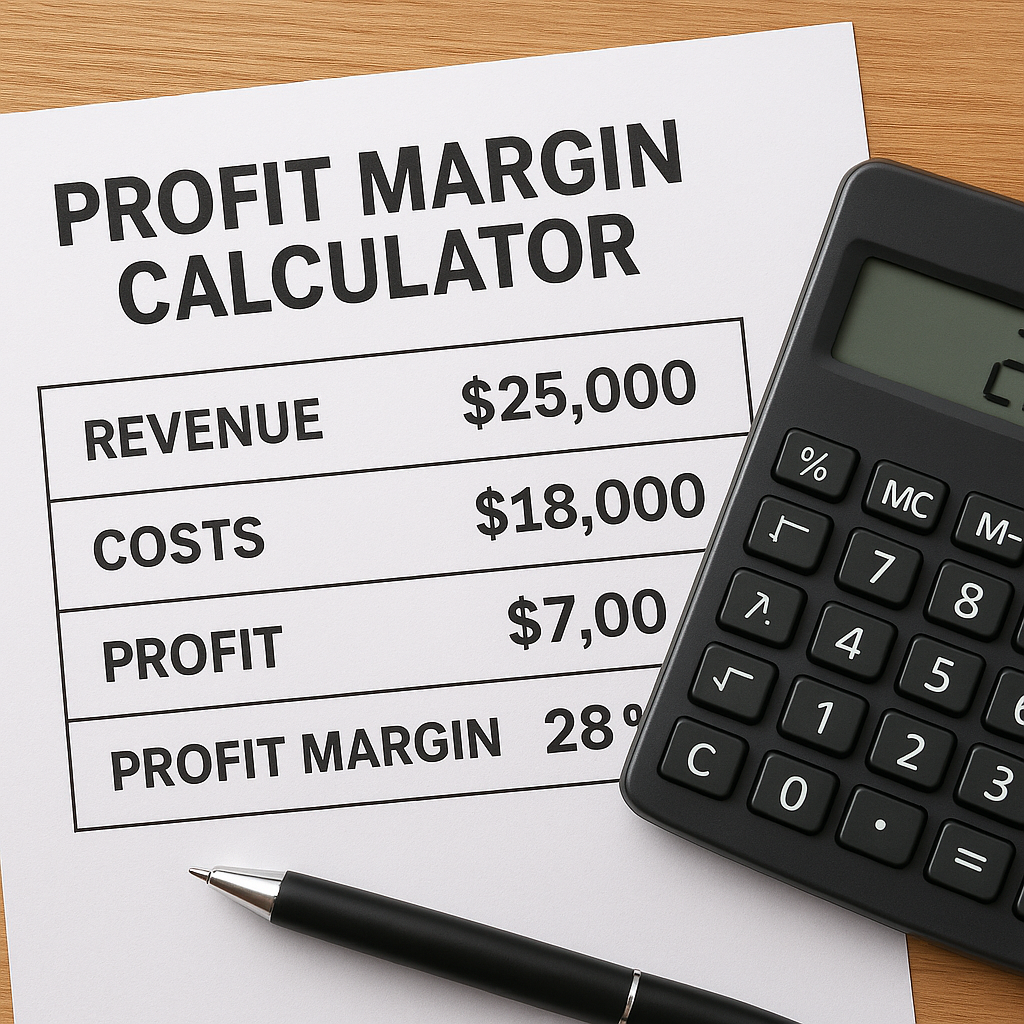 Profit margin calculator with revenue and cost inputs on a wooden desk, alongside a calculator.