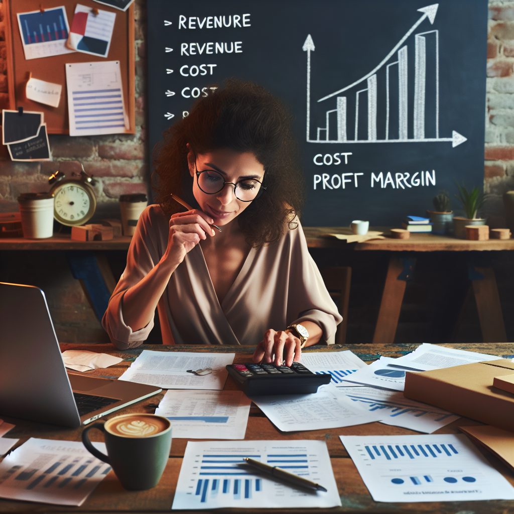 Young businesswoman calculating profit margins using charts and calculator in a bright modern office.