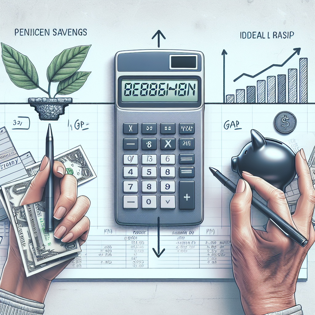 Calculator, piggy bank, cash, and charts illustrating retirement savings and investment calculations.