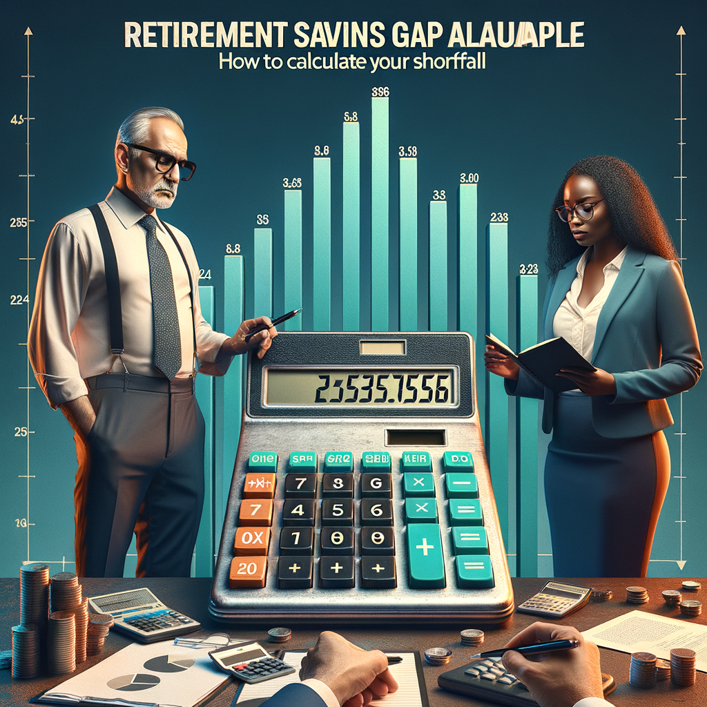 Professionals analyzing financial data with a large calculator to calculate retirement savings gap.