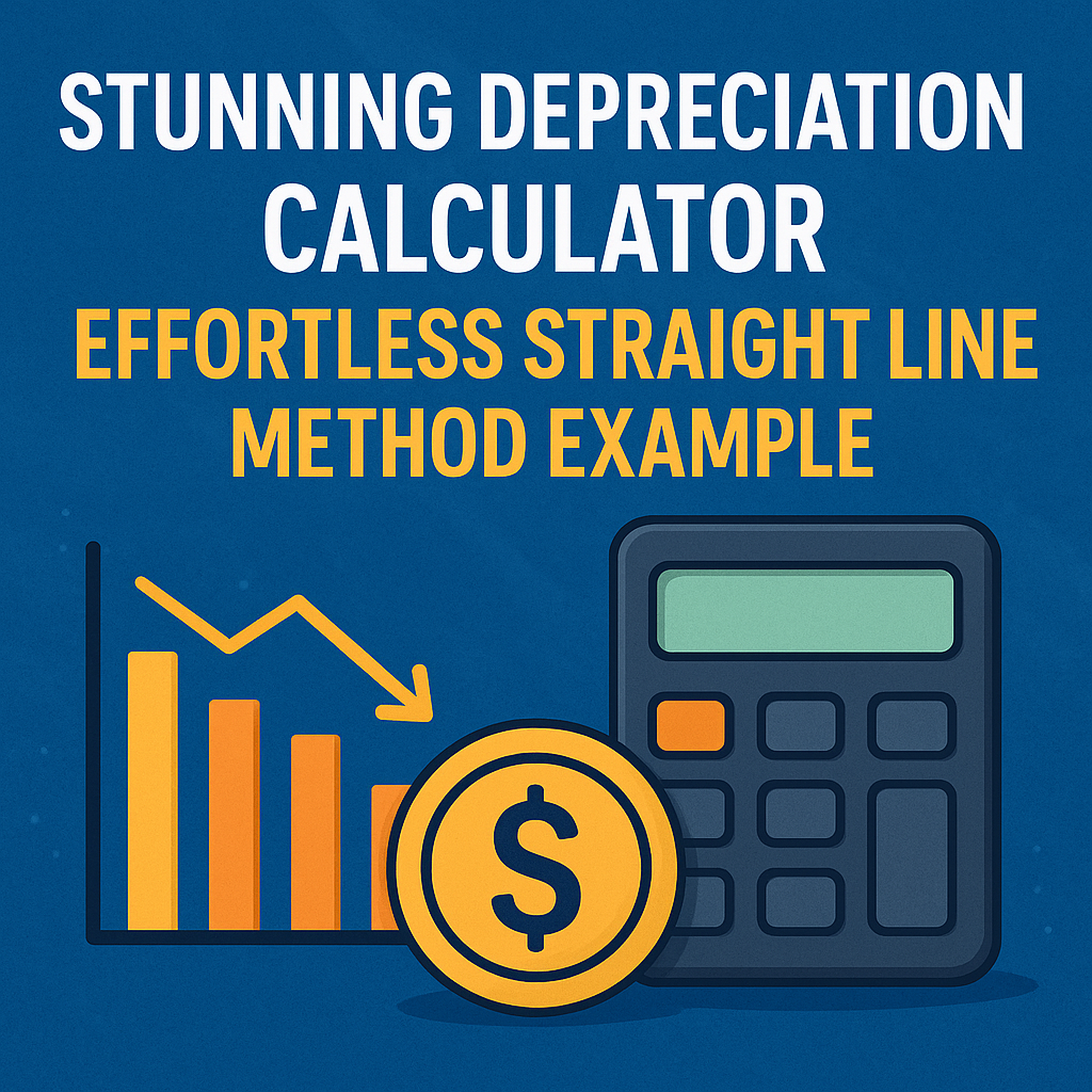 Stunning depreciation calculator example illustrating the straight line method with financial icons.