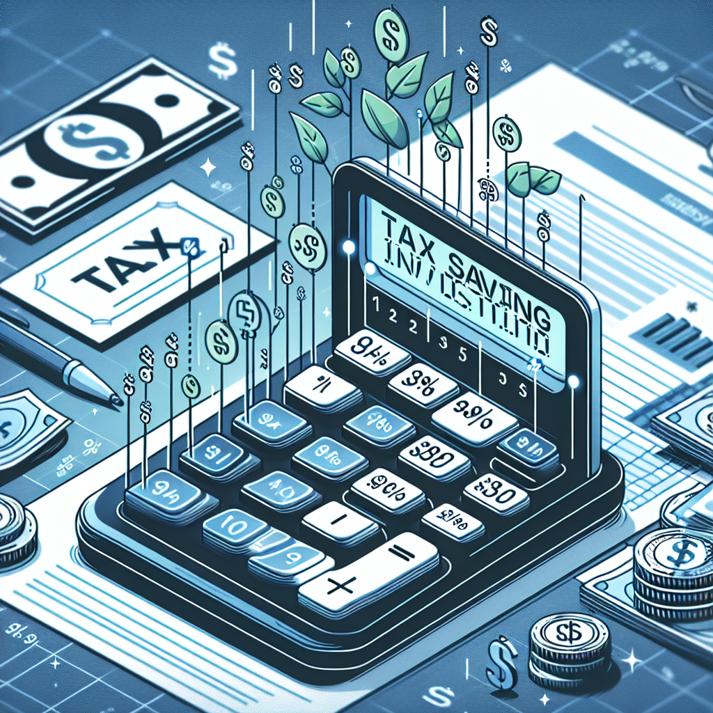 Illustration of a calculator, money, and financial documents representing tax-saving investment concepts.