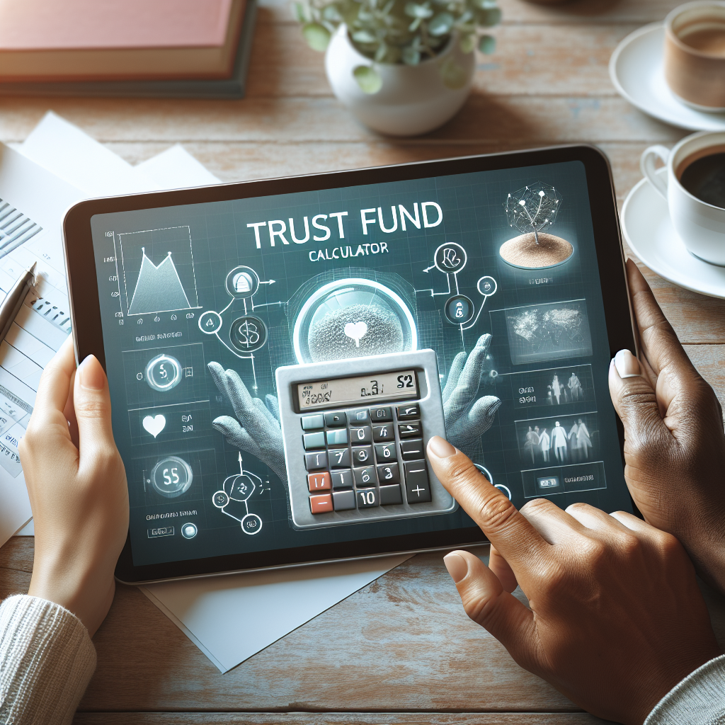 Hands using a tablet with a trust fund calculator app, next to a physical calculator on a wooden desk.