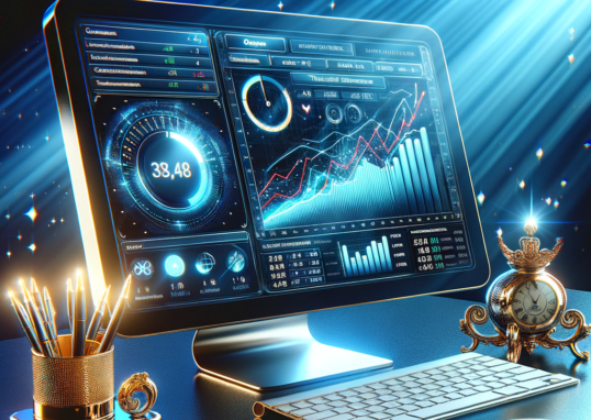 Desktop computer displaying detailed financial charts and graphs in a sleek modern office setting.