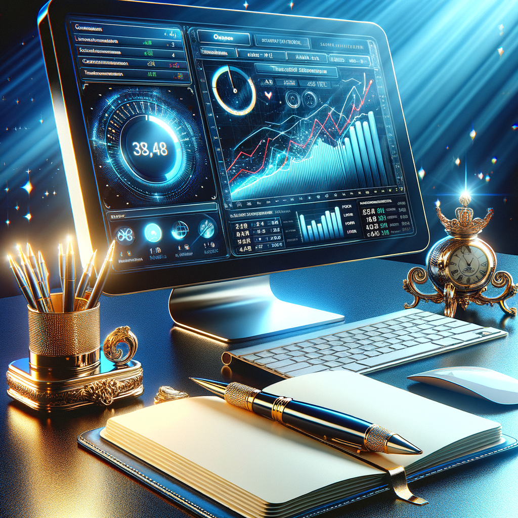 Desktop computer displaying detailed financial charts and graphs in a sleek modern office setting.